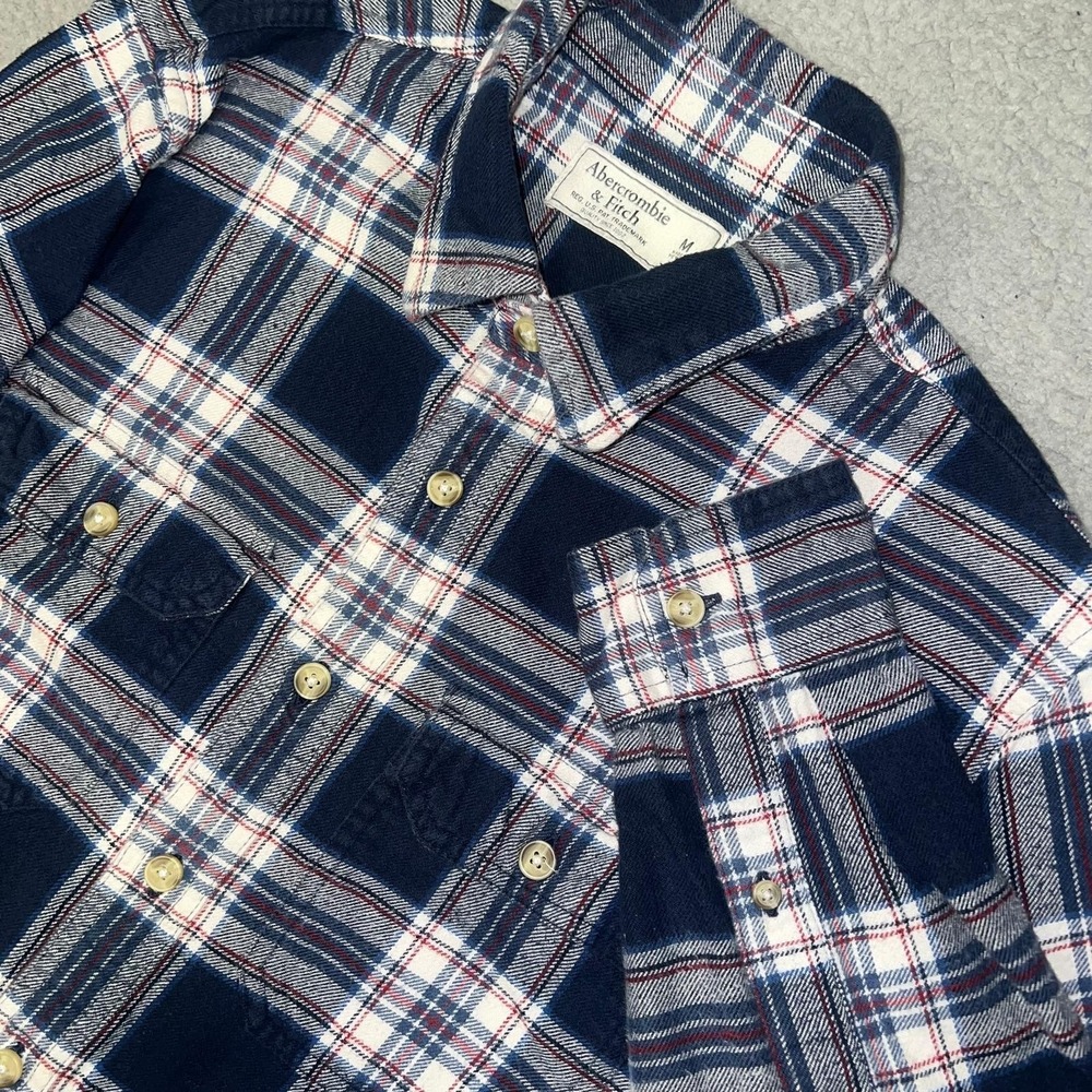 Abercrombie & Fitch Shirt Men's Size M Blue Plaid Flannel Pockets Button Down